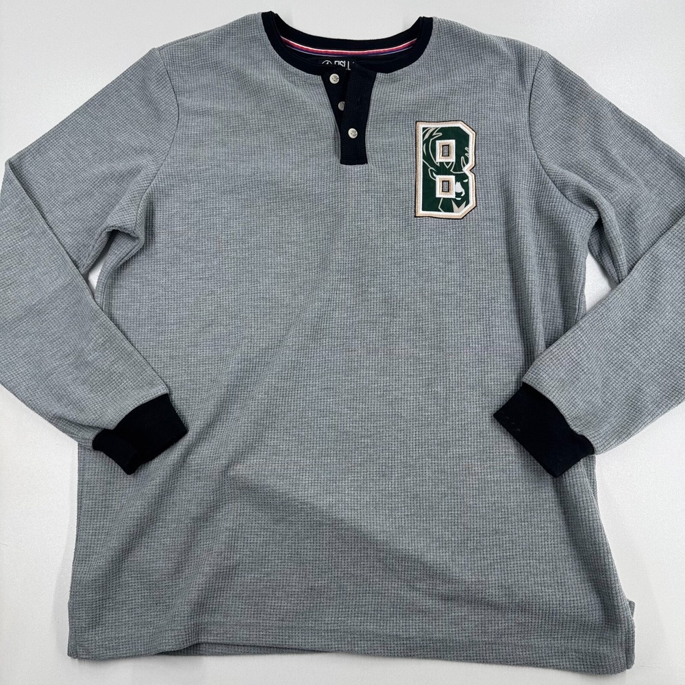 Fisll Milwaukee Bucks Basketball Henley MENS Gray Button Close Long Sleeve XL